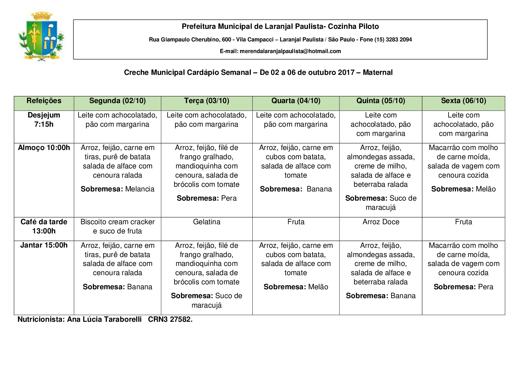 CARDÁPIOS DA CRECHE E MATERNAL PARA OUTUBRO 