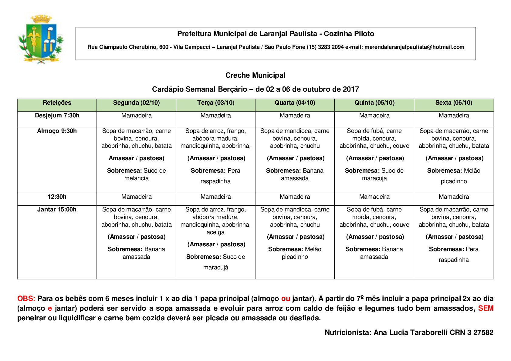 CARDÁPIOS DA CRECHE E MATERNAL PARA OUTUBRO 