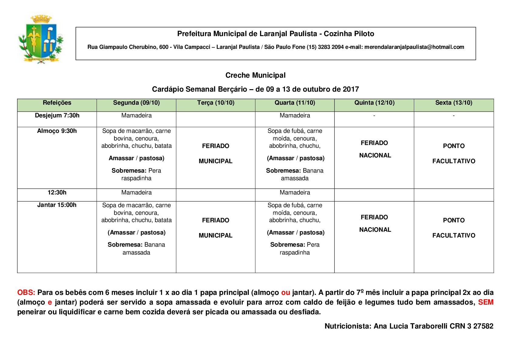 CARDÁPIOS DA CRECHE E MATERNAL PARA OUTUBRO 