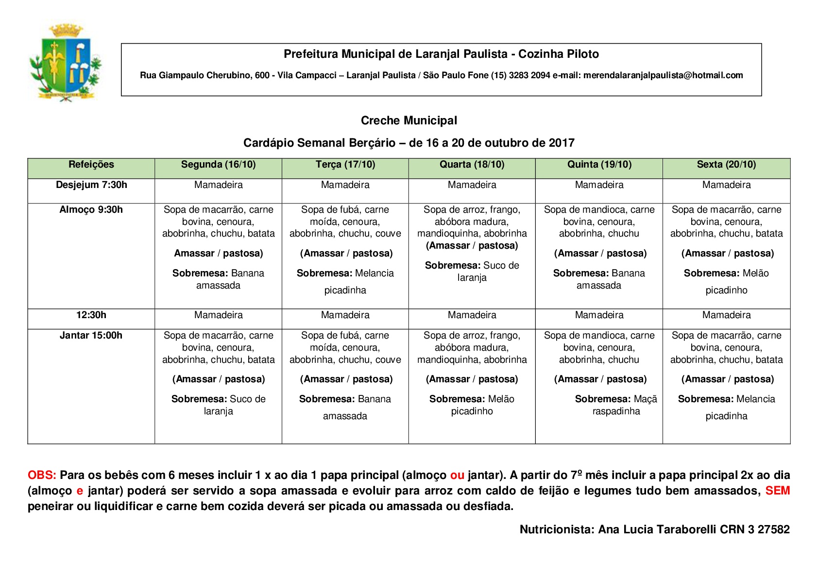 CARDÁPIOS DA CRECHE E MATERNAL PARA OUTUBRO 