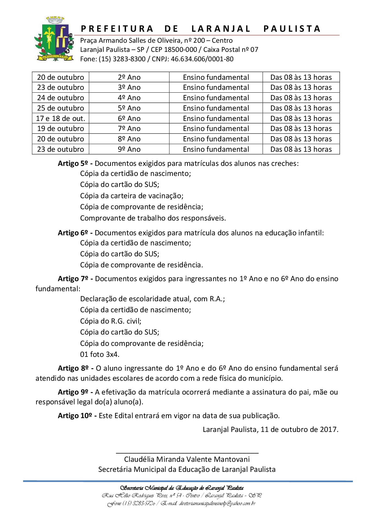 Edital SME Nº 004/2017 - Matrículas 2018