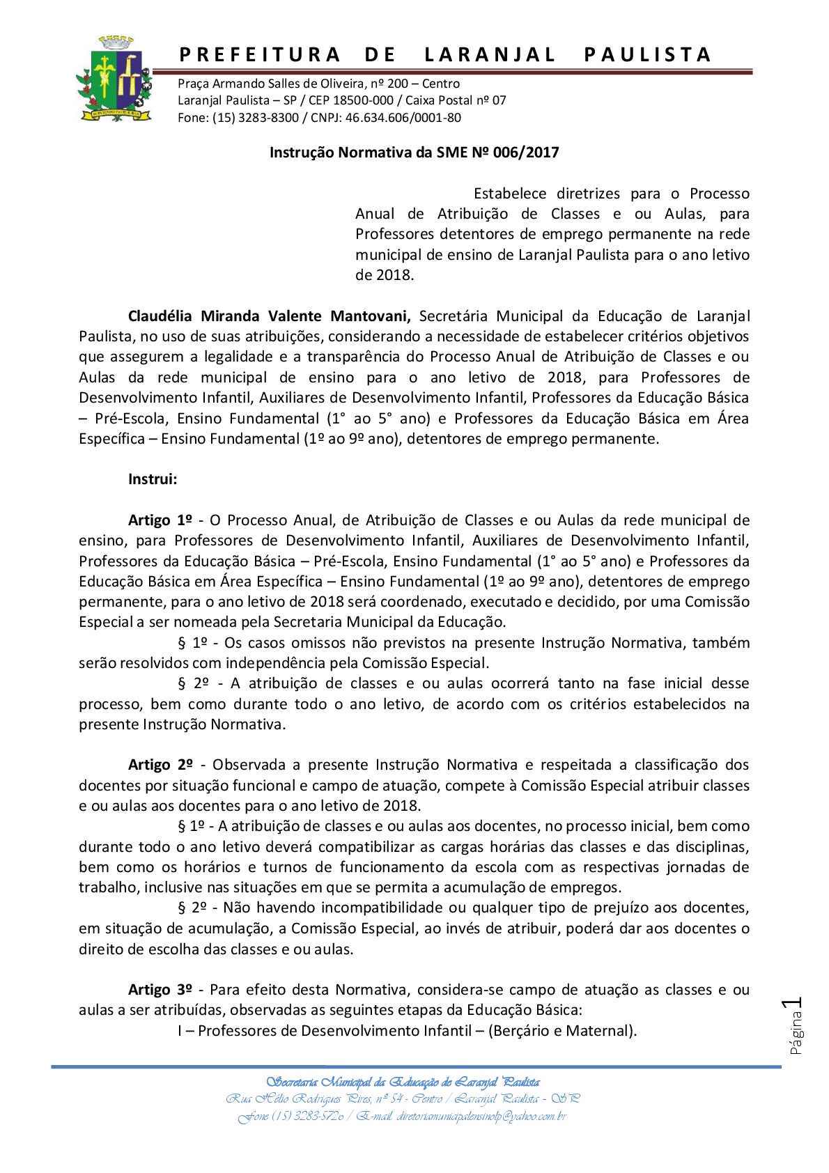 Instrução normativa SME nº 006/2017 - Diretrizes para atribuição de aulas-classes