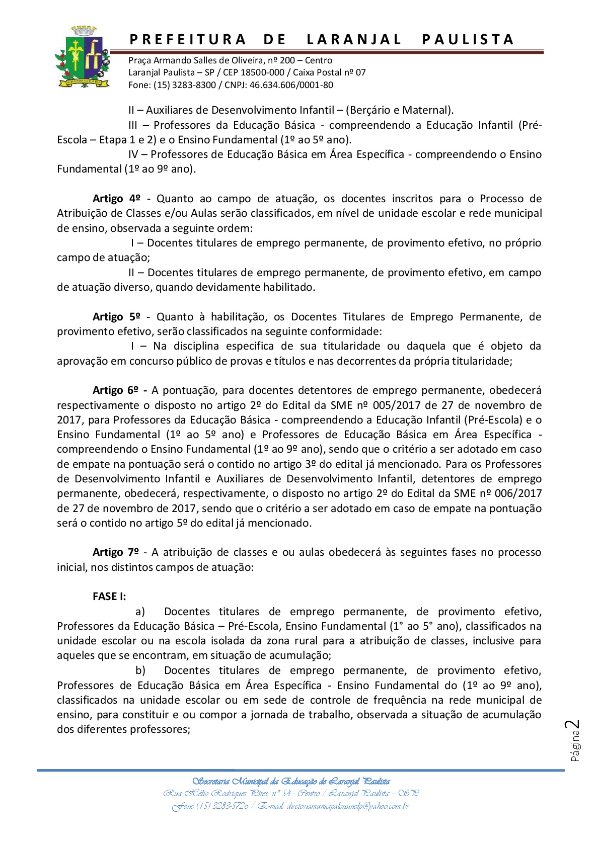 Instrução normativa SME nº 006/2017 - Diretrizes para atribuição de aulas-classes