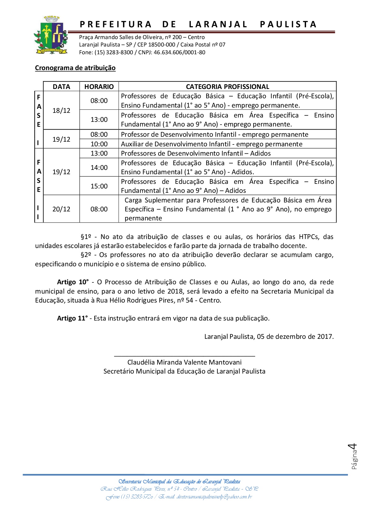 Instrução normativa SME nº 006/2017 - Diretrizes para atribuição de aulas-classes