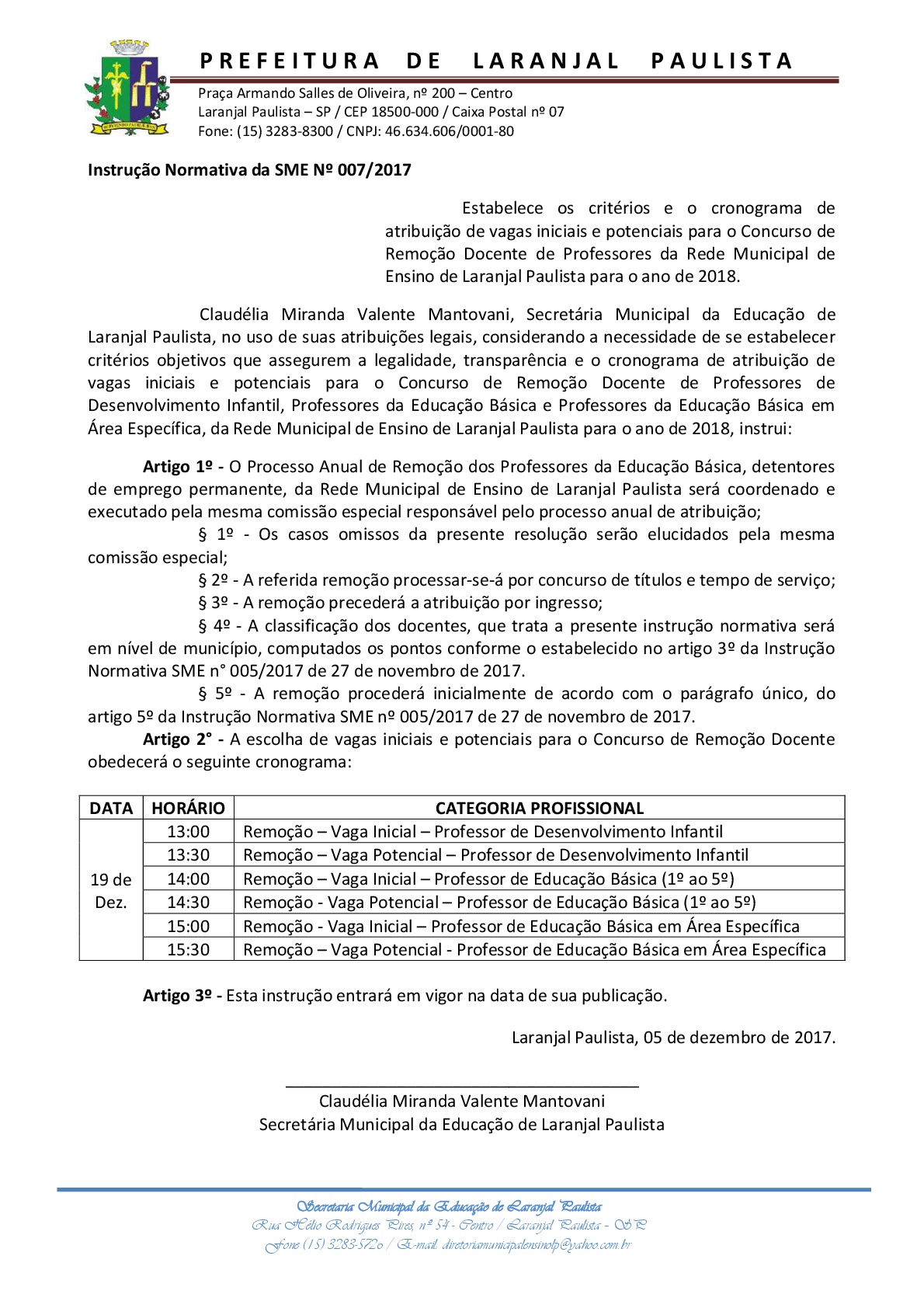 Instrução normativa SME nº 007/2017 - Cronograma de remoção