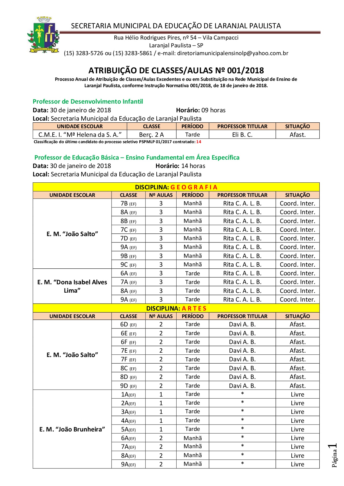 Atribuição de classes e ou aulas excedentes nº 001-2018