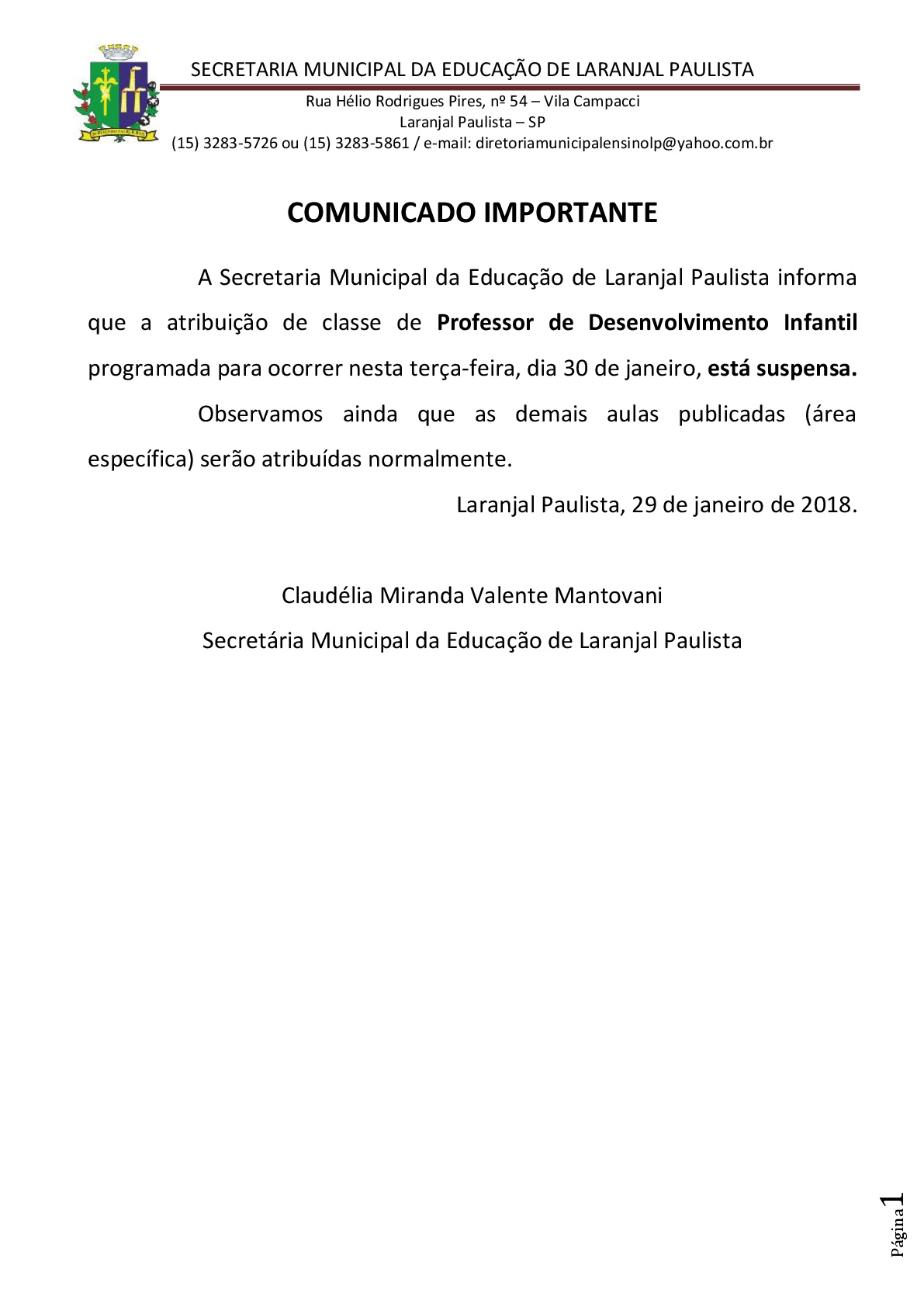 Comunicado Importante - Atribuição de aulas parcialmente cancelada... 29/01/2018