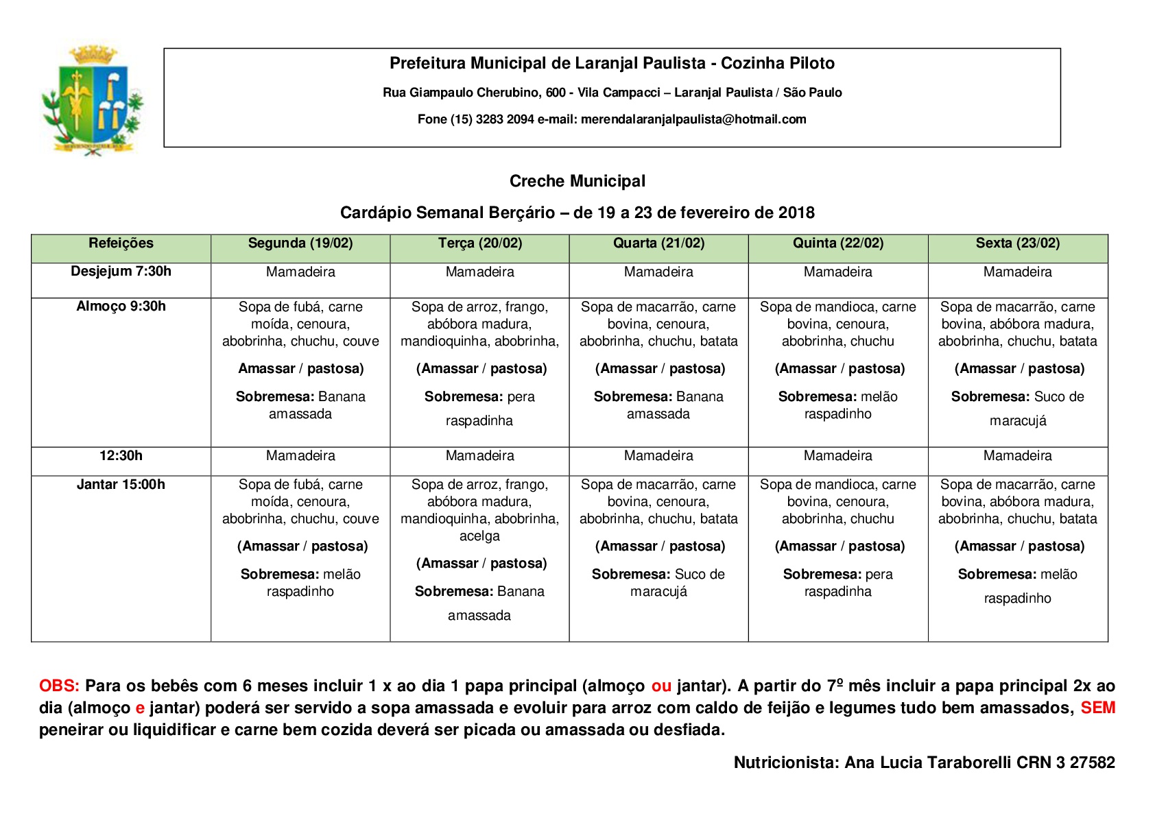 Cardápio da Merenda Escolar para o Mês de Fevereiro 