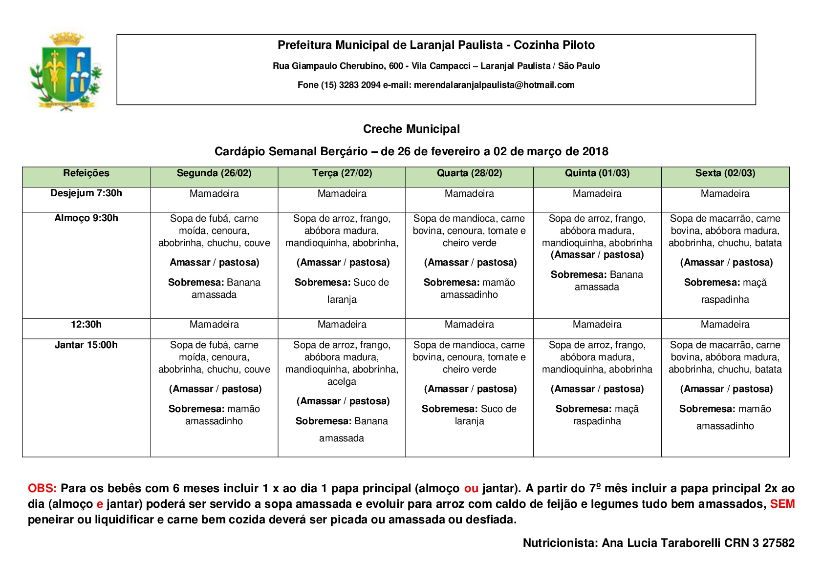 Cardápio da Merenda Escolar para o Mês de Fevereiro 