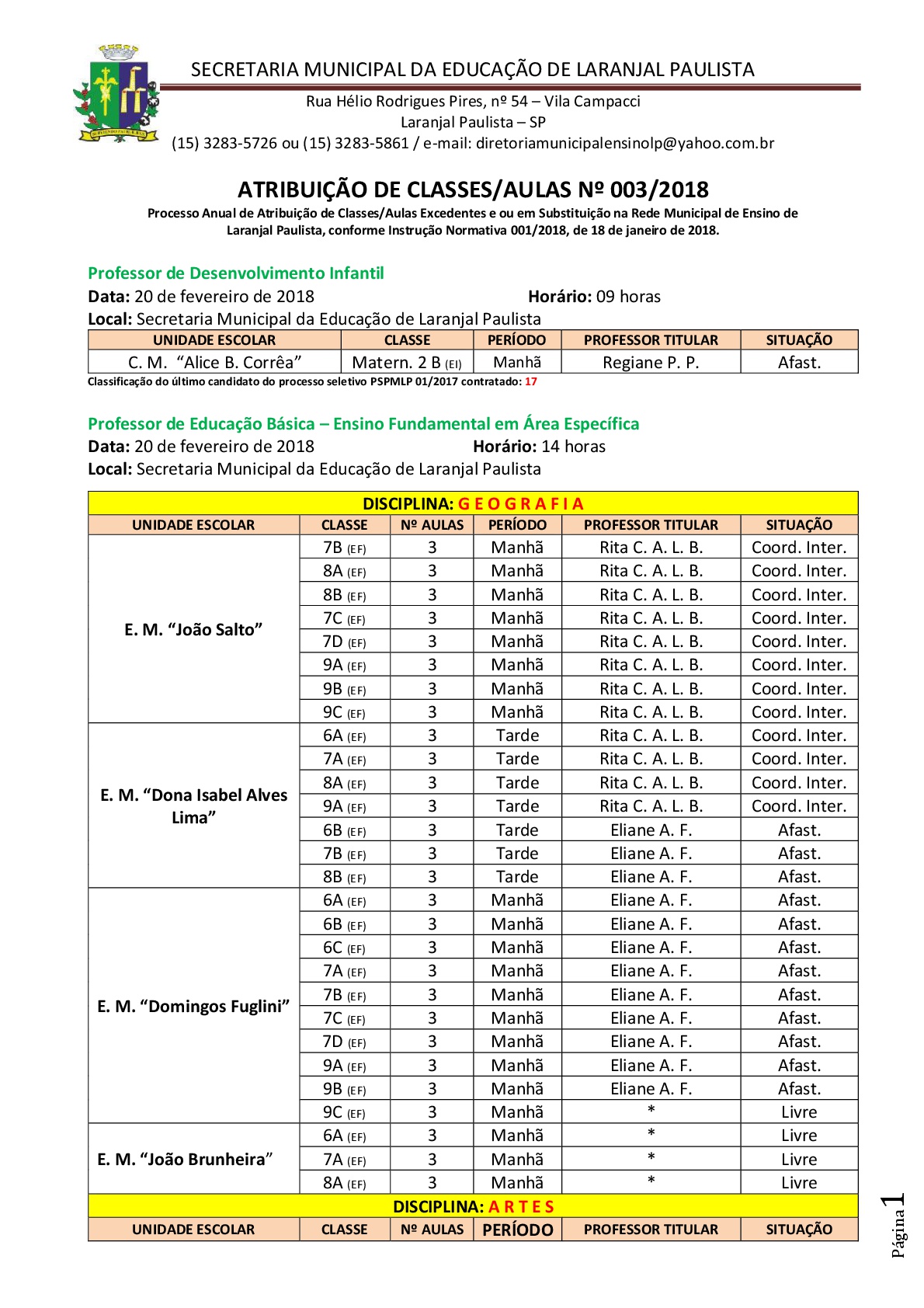 Atribuição de classes e ou aulas excedentes nº 003/2018