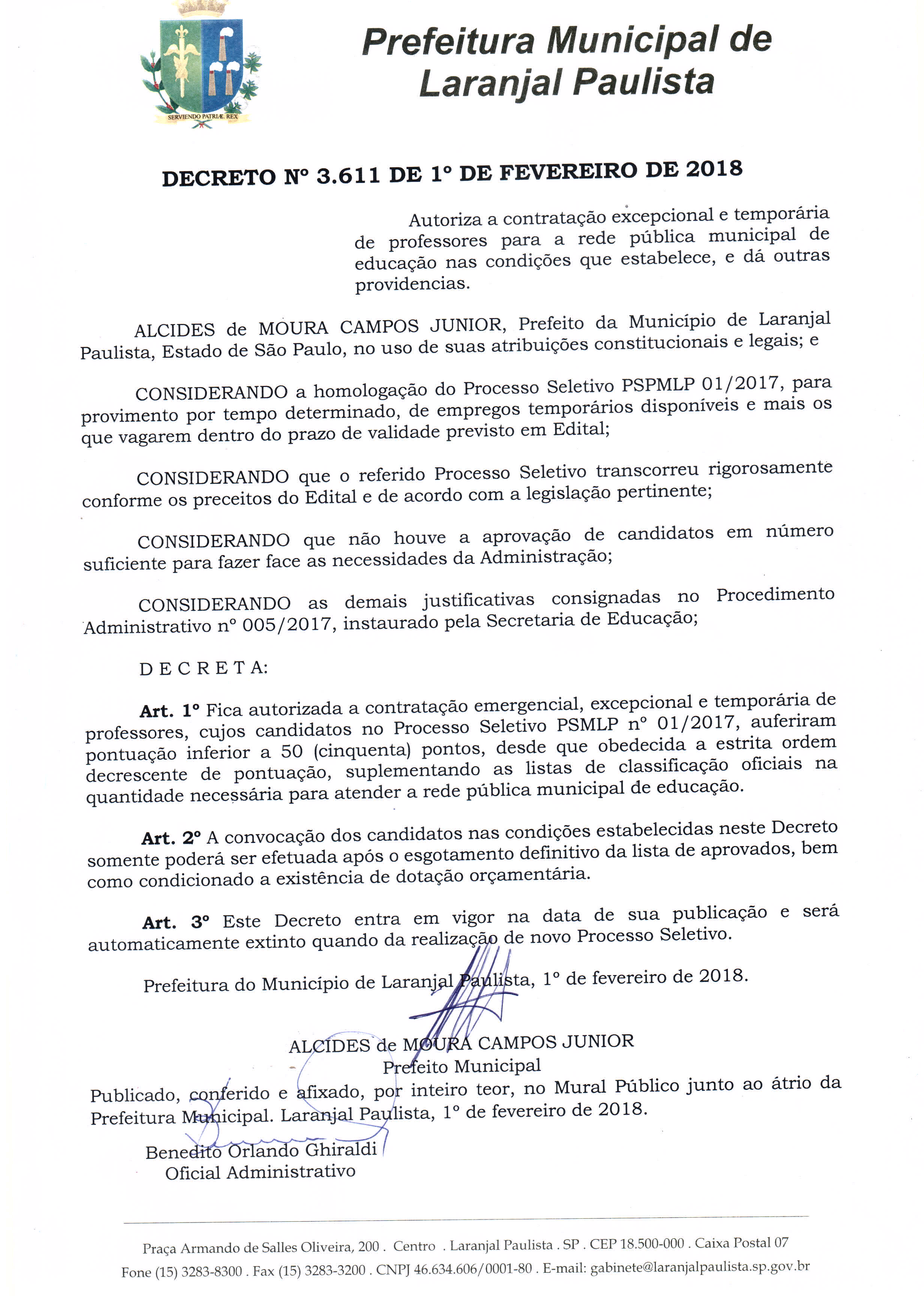 Decreto nº 3611/2018 - Autorização de contratação excepcional e temporária de professores