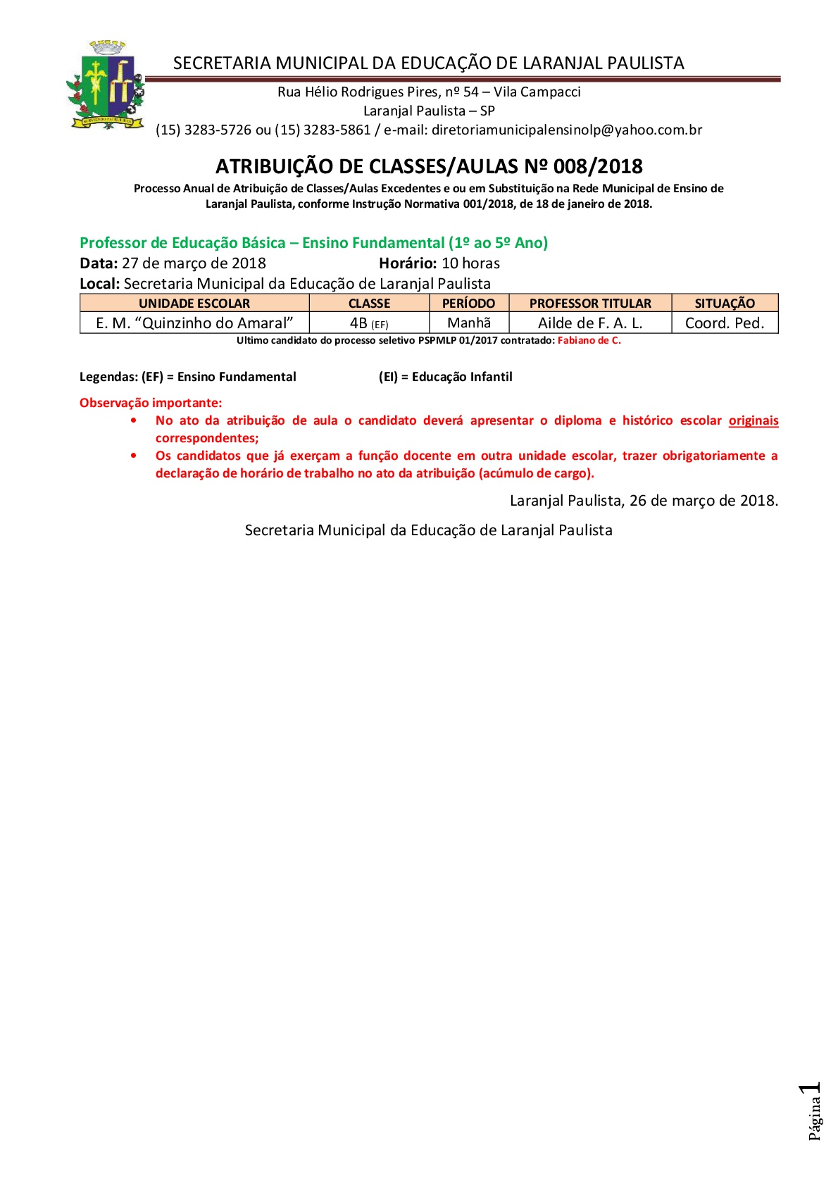 Atribuição de classes e ou aulas excedentes nº 008-2018