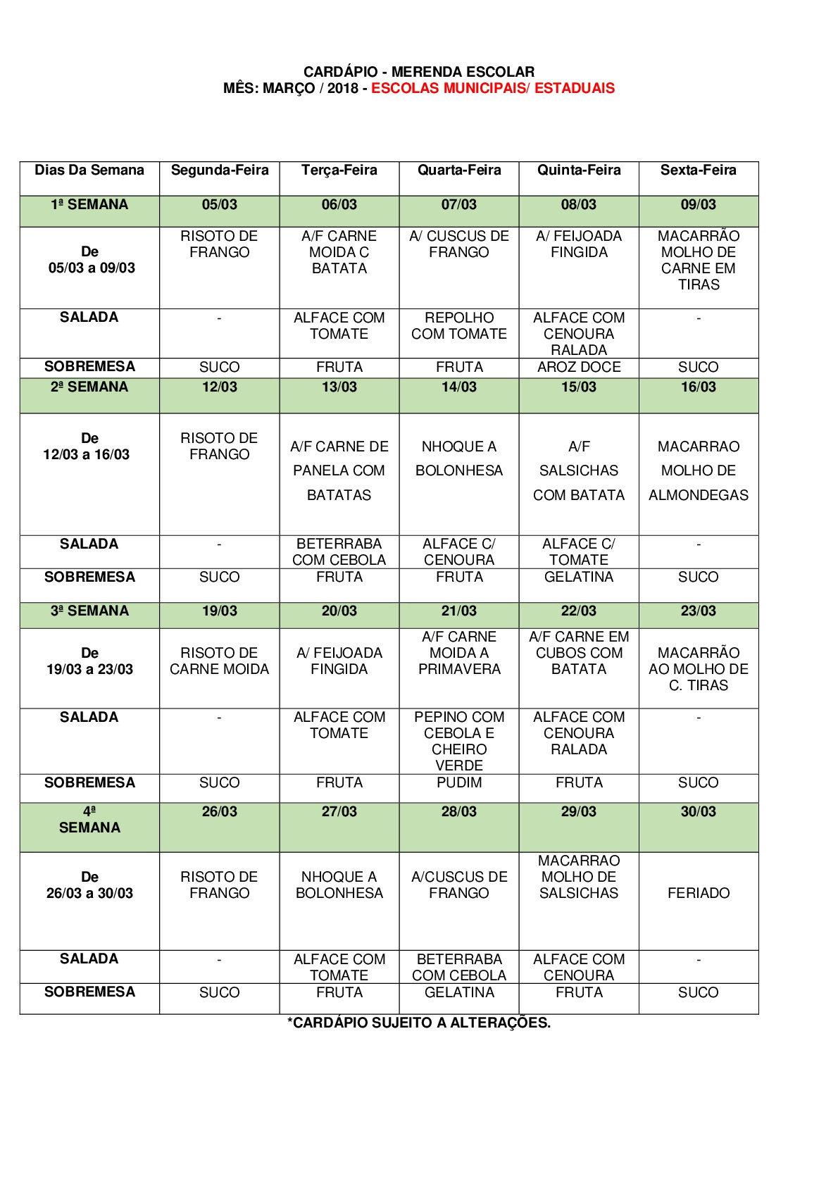 Cardápios para o mês de Março das Escolas e Creches de Laranjal Paulista.