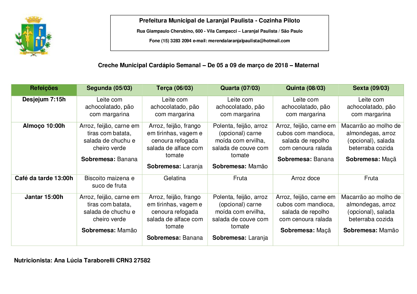 Cardápios para o mês de Março das Escolas e Creches de Laranjal Paulista.