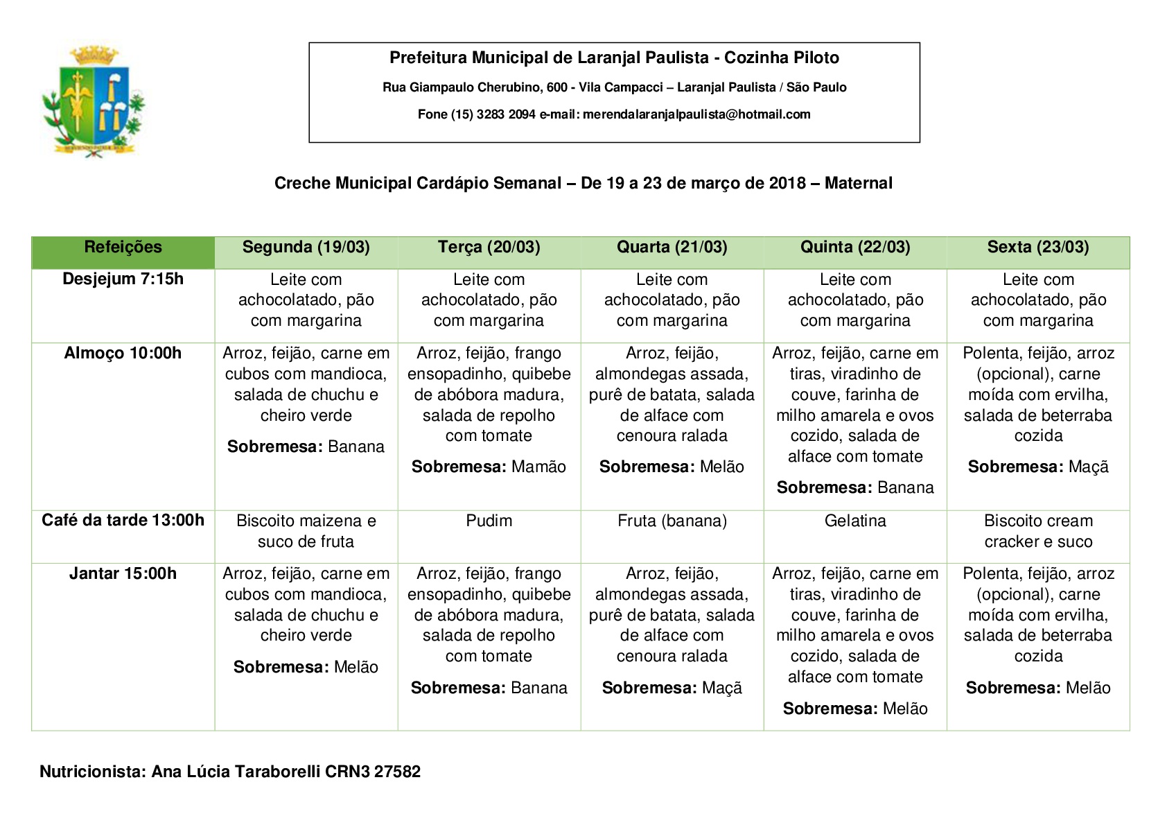 Cardápios para o mês de Março das Escolas e Creches de Laranjal Paulista.