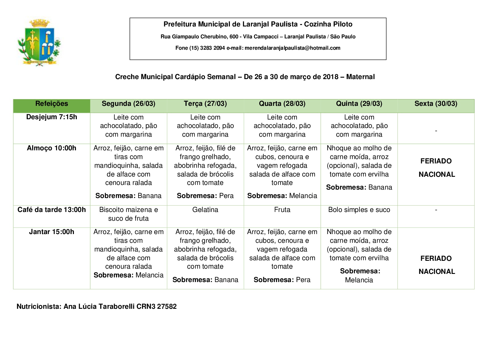 Cardápios para o mês de Março das Escolas e Creches de Laranjal Paulista.