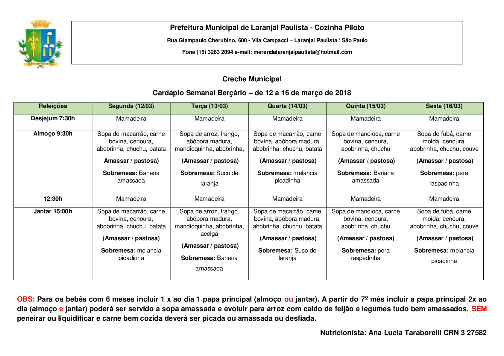 Cardápios para o mês de Março das Escolas e Creches de Laranjal Paulista.