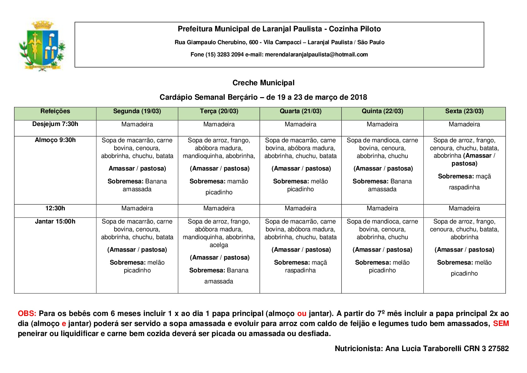 Cardápios para o mês de Março das Escolas e Creches de Laranjal Paulista.