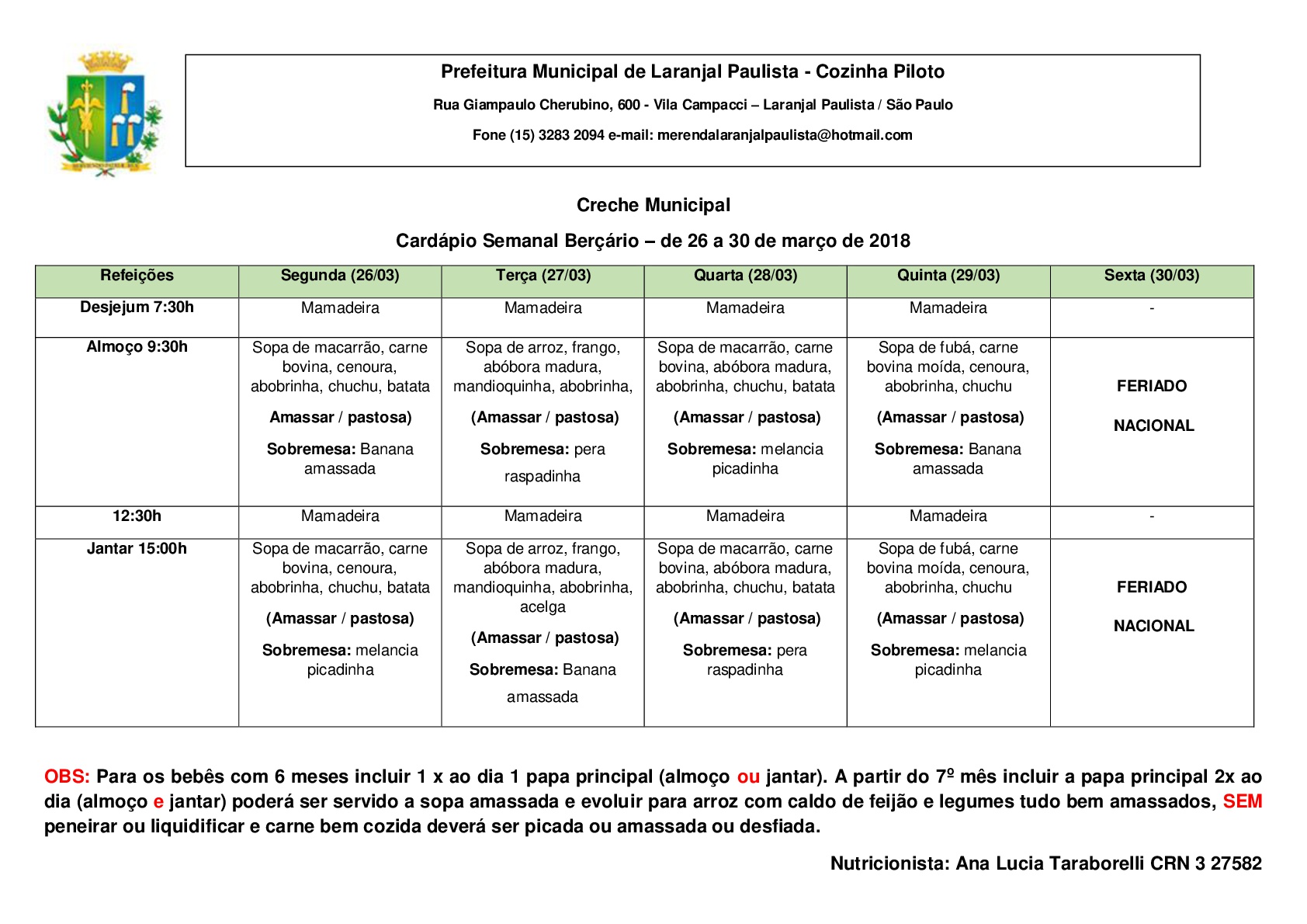 Cardápios para o mês de Março das Escolas e Creches de Laranjal Paulista.