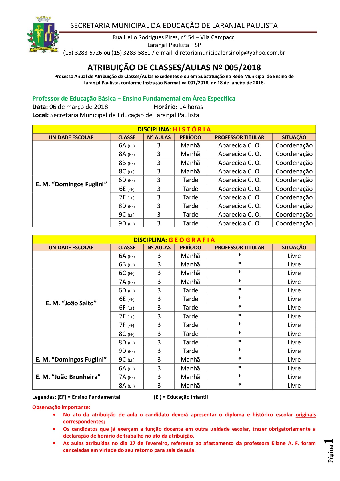 Atribuição de classes e ou aulas excedentes nº 005-2018