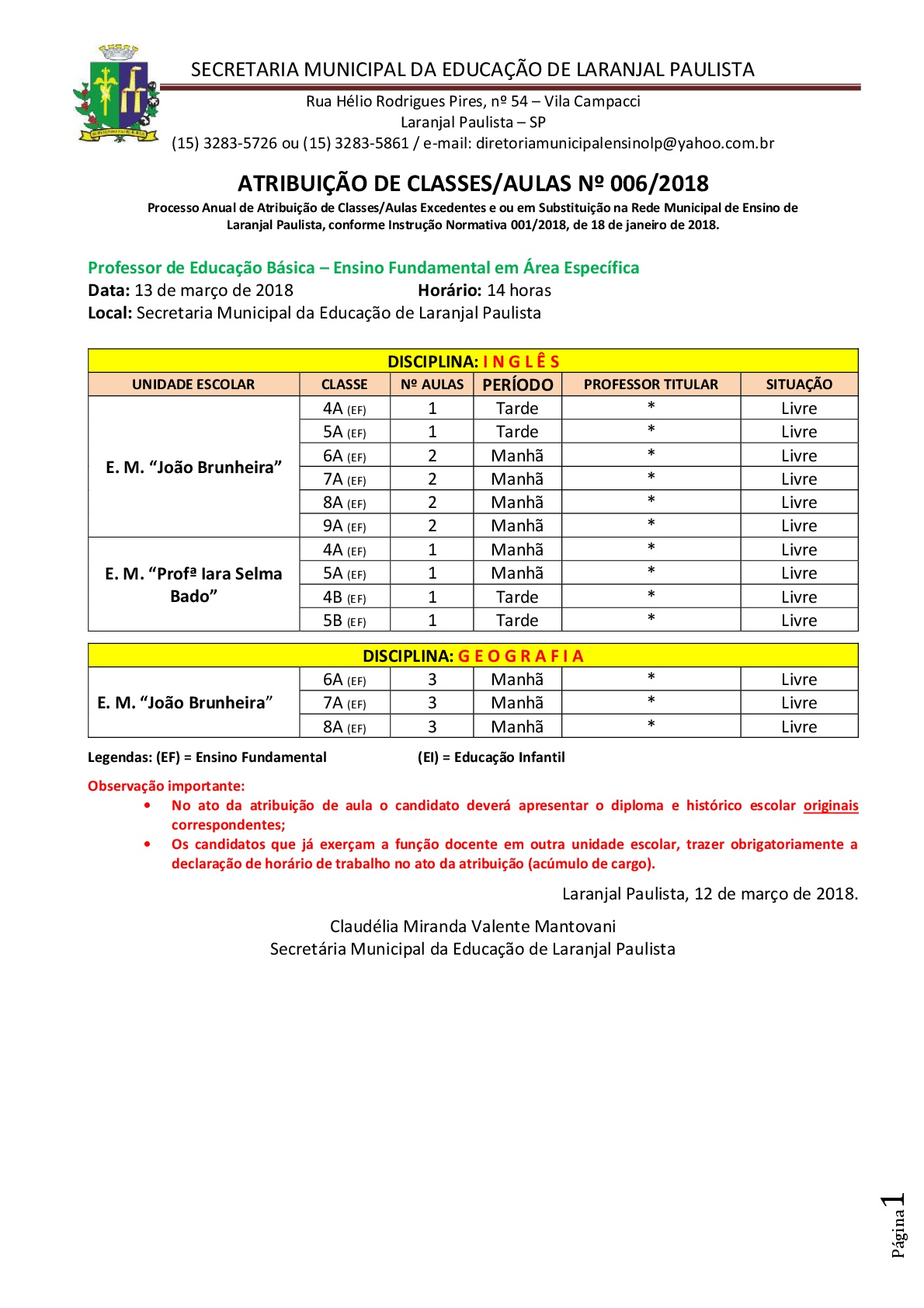 Atribuição de classes e ou aulas excedentes nº 006-2018