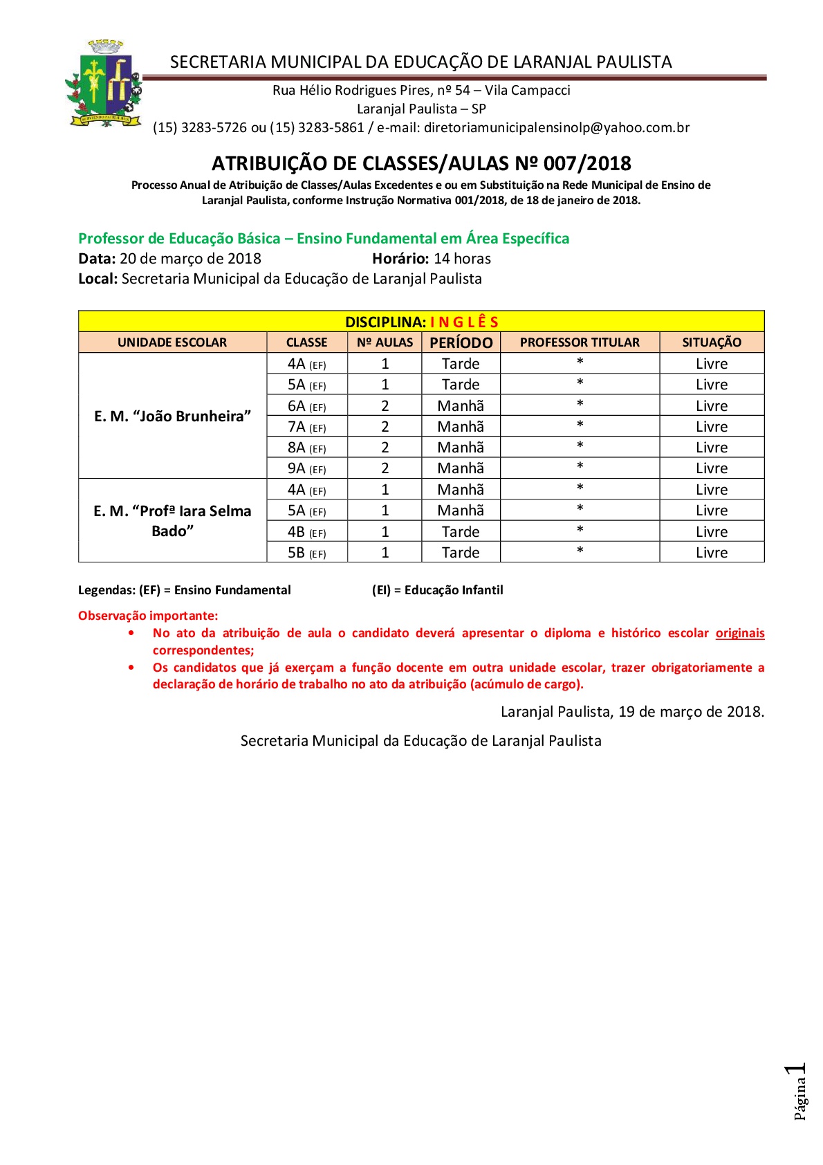 Atribuição de classes e ou aulas excedentes nº 007-2018