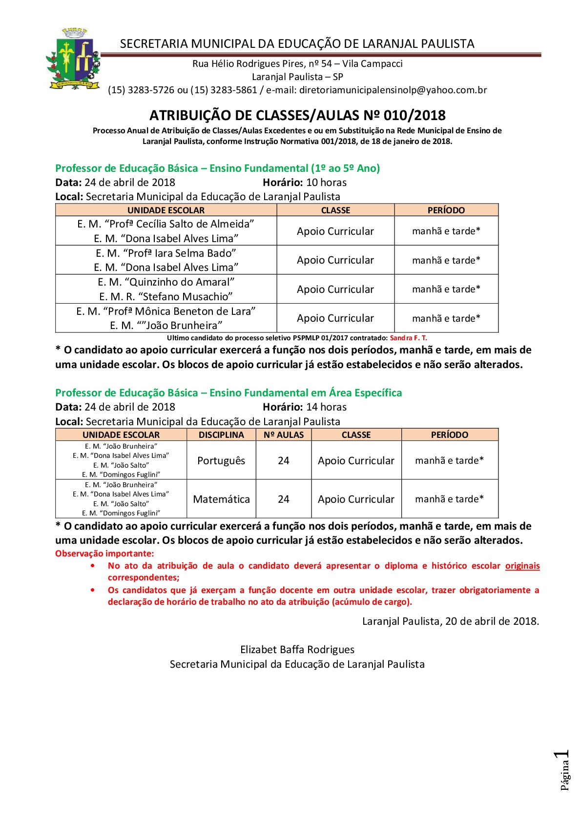 Atribuição de classes e ou aulas excedentes nº 010-2018