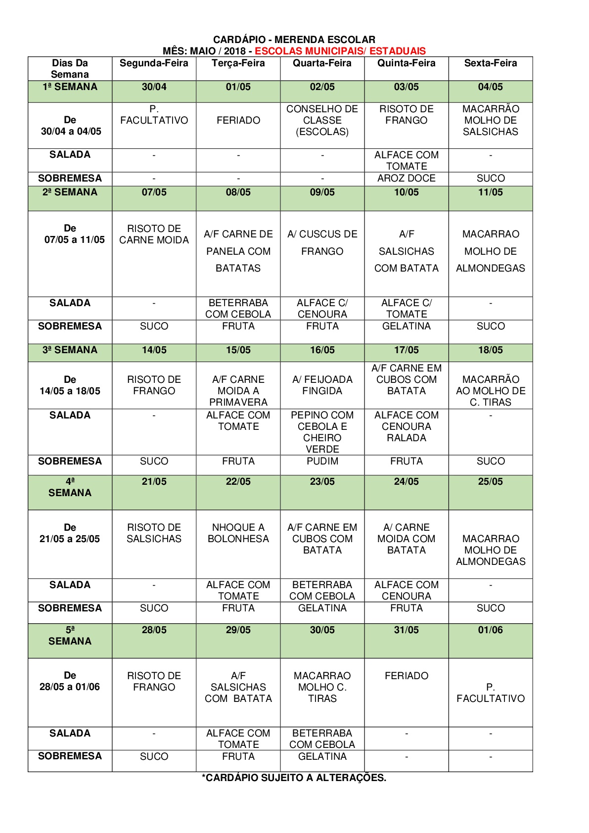 Cardápios da merenda para o mês de Maio das Escolas e Creches de Laranjal Paulista.