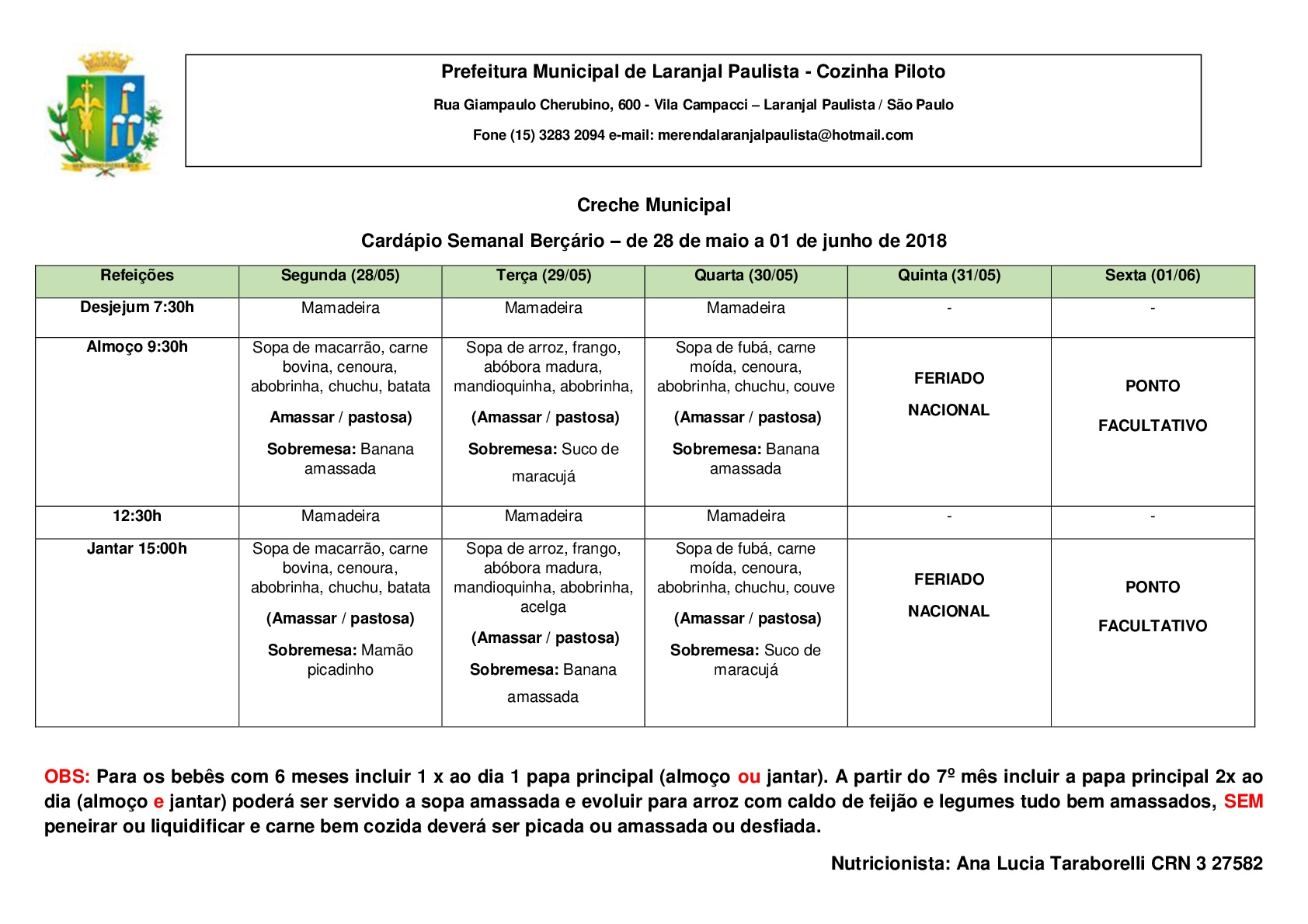 Cardápios da merenda para o mês de Maio das Escolas e Creches de Laranjal Paulista.