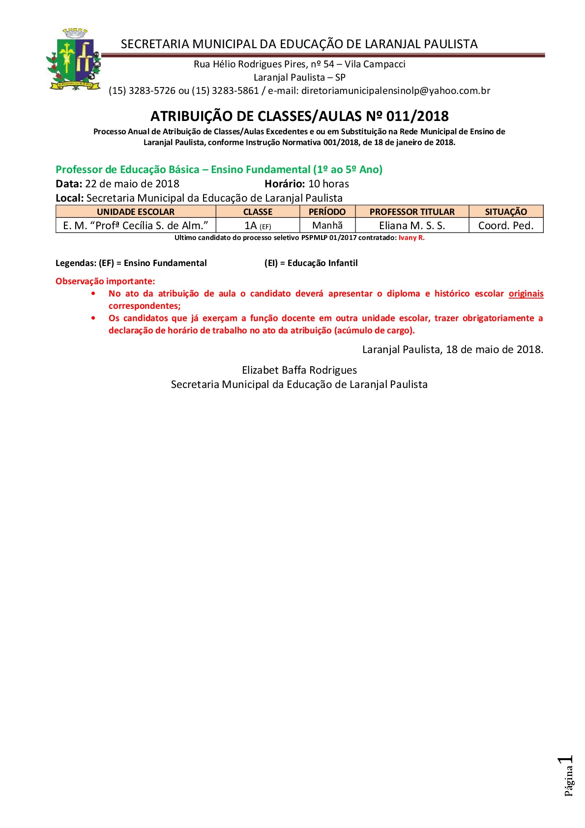 Atribuição de classes e ou aulas excedentes nº 011-2018