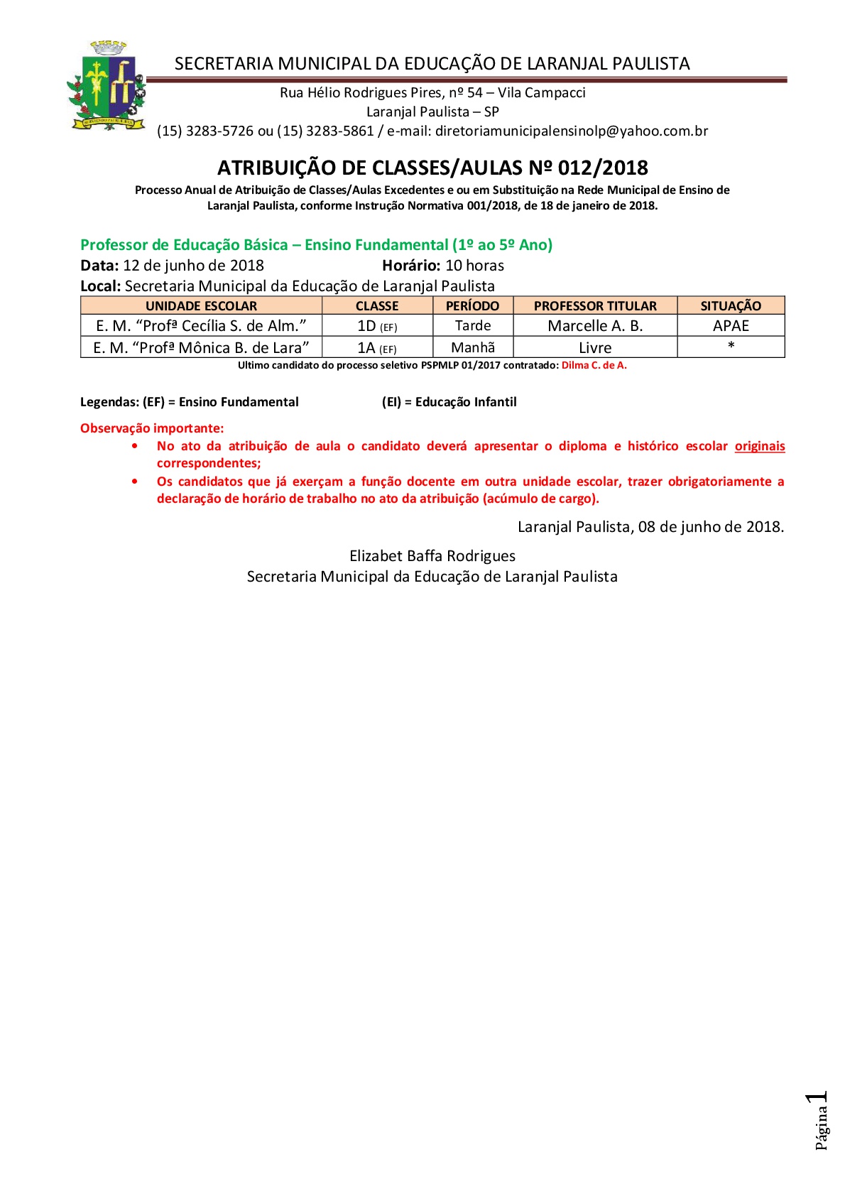 Atribuição de classes e ou aulas excedentes nº 012-2018