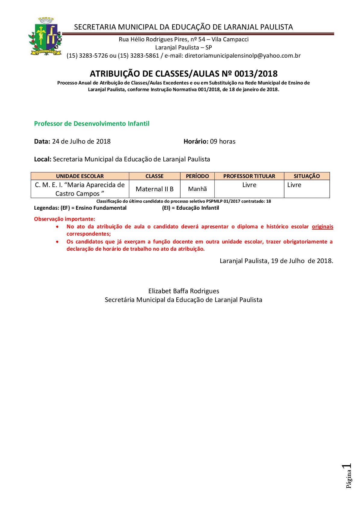 Atribuição de classes e ou aulas excedentes 013-2018