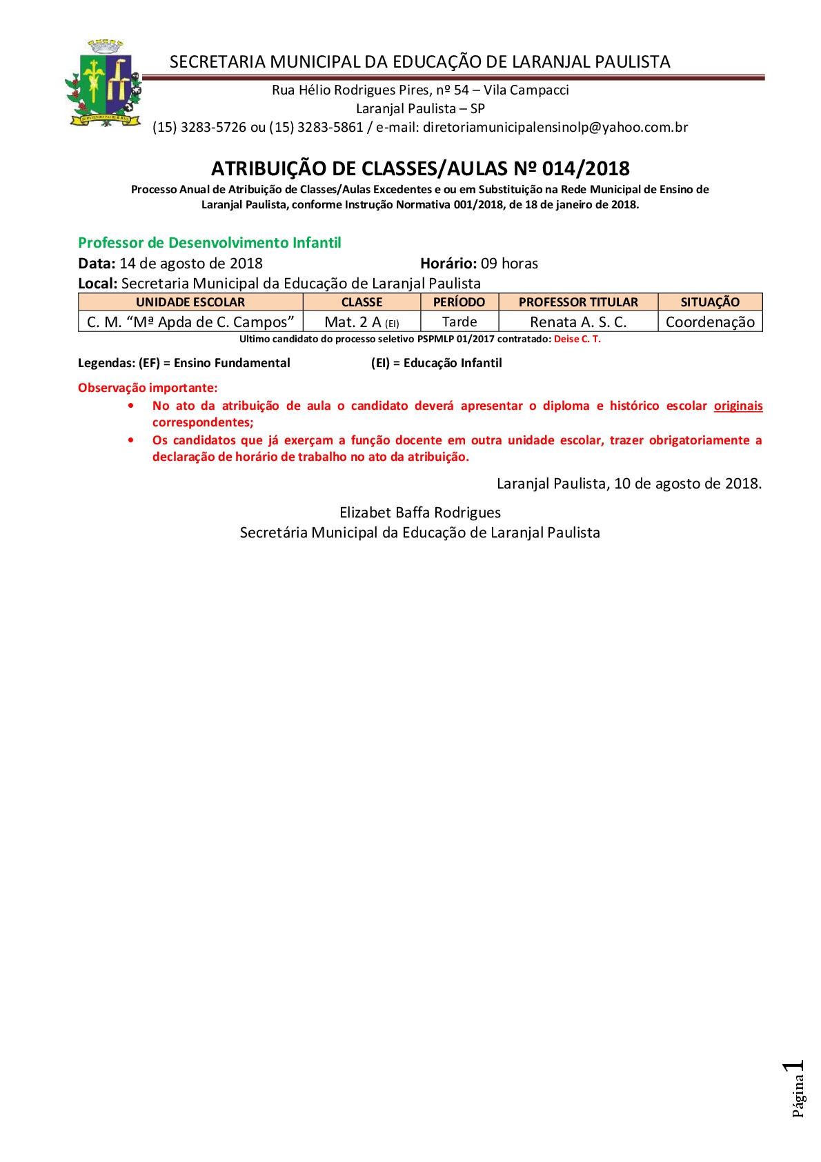 Atribuição de classes e ou aulas excedentes nº 014-2018