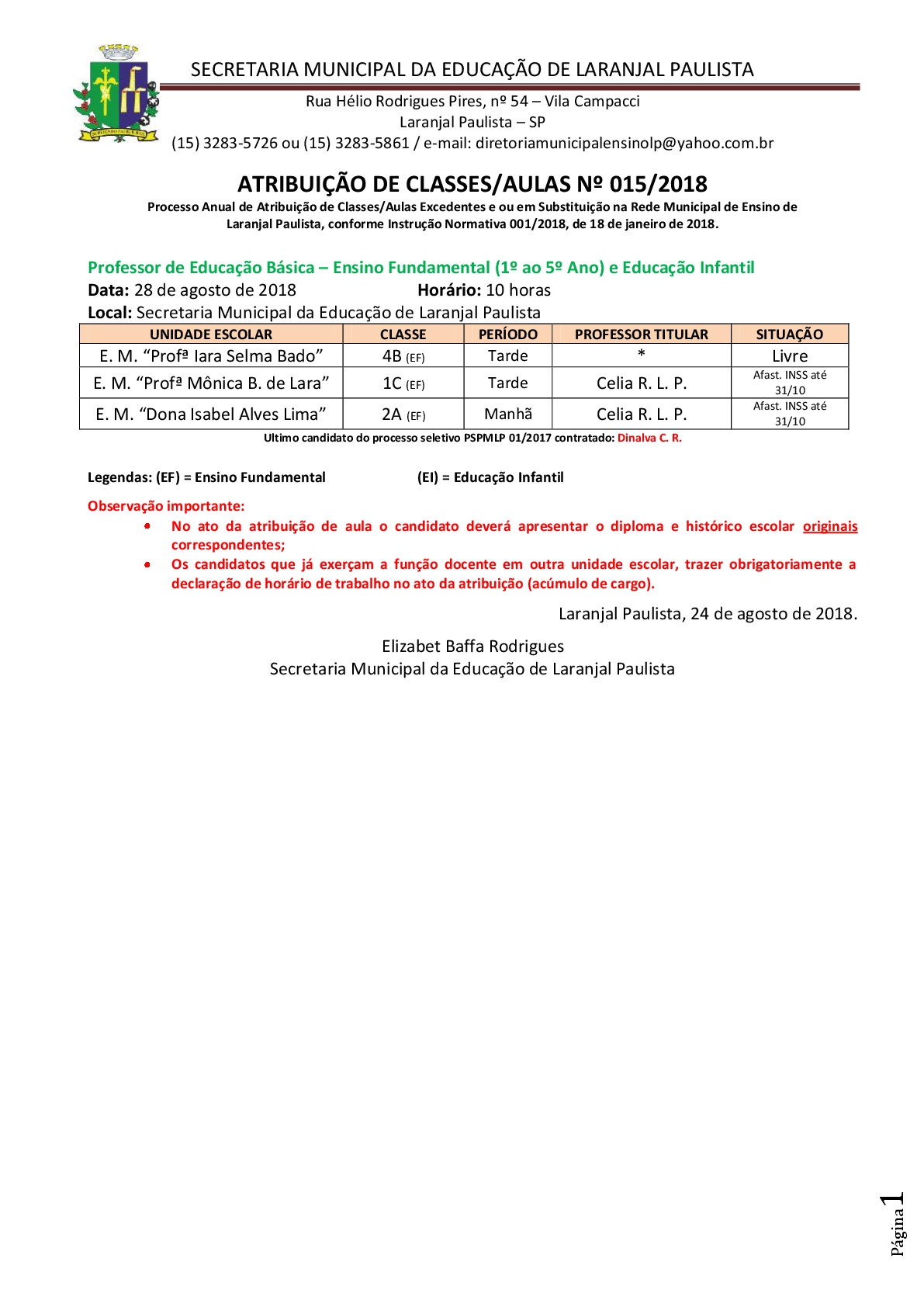 Atribuição de classes e ou aulas excedentes nº 015-2018