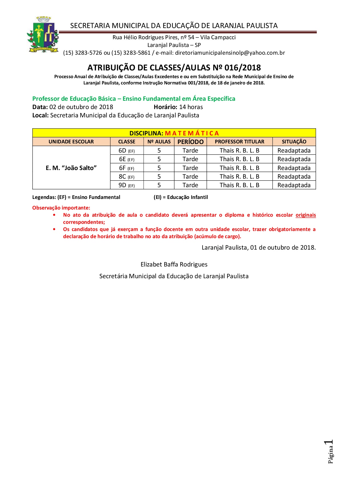 Atribuição de classes e ou aulas excedentes 016-2018-001