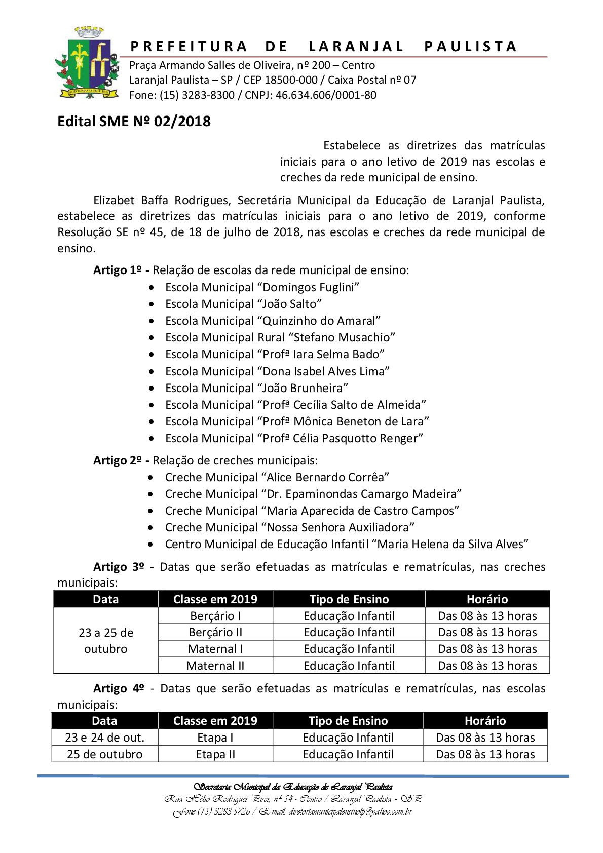 Edital SME nº 02/2018 - Matrículas 2019