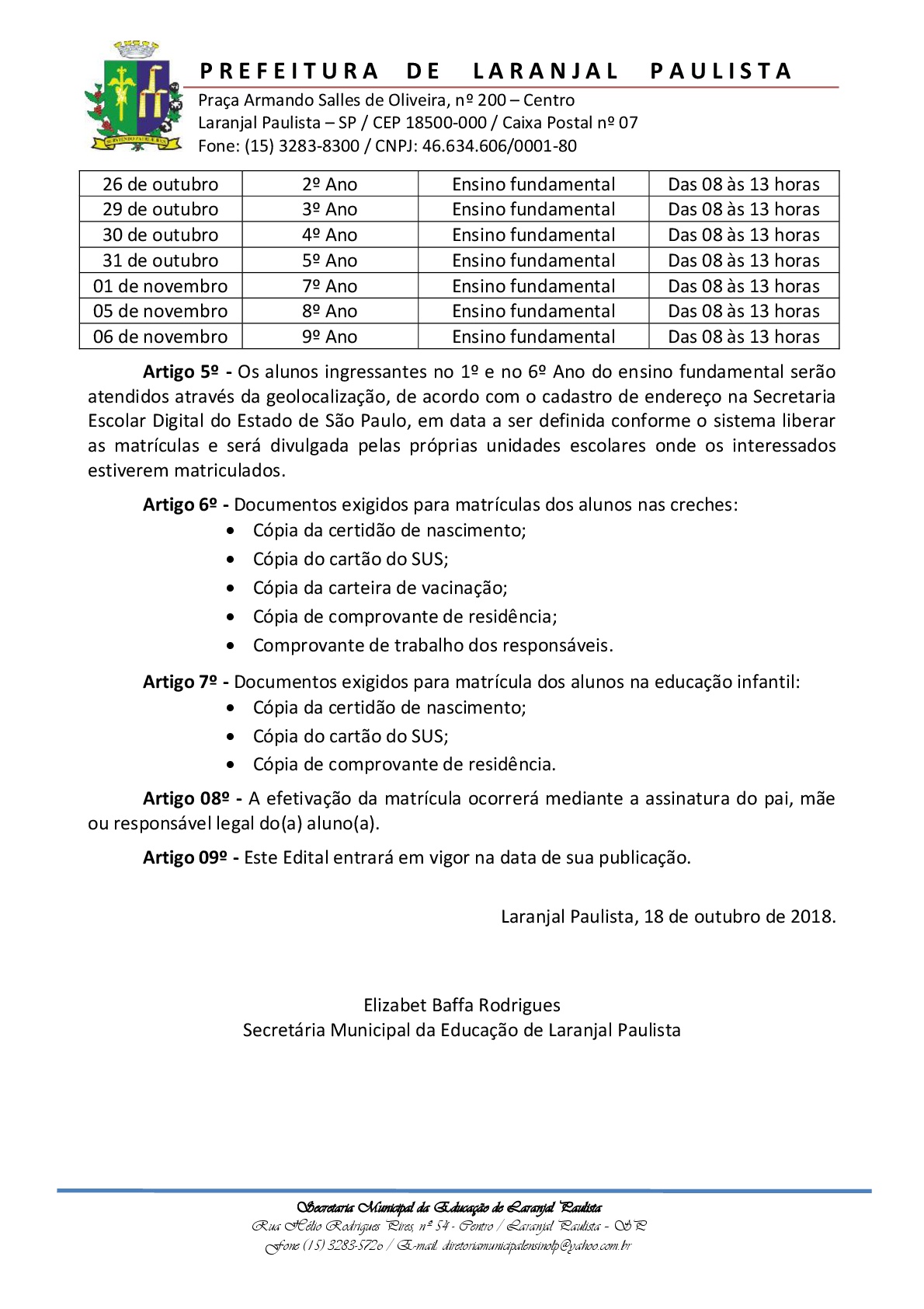 Edital SME nº 02/2018 - Matrículas 2019