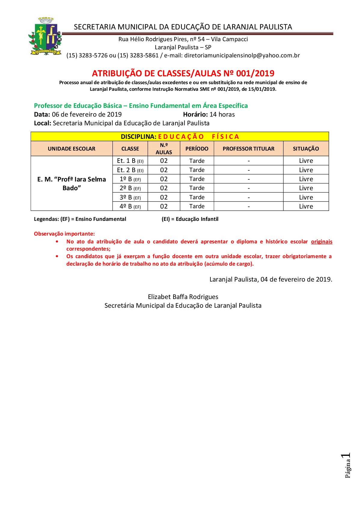 Atribuição de classes e ou aulas nº 001-2019