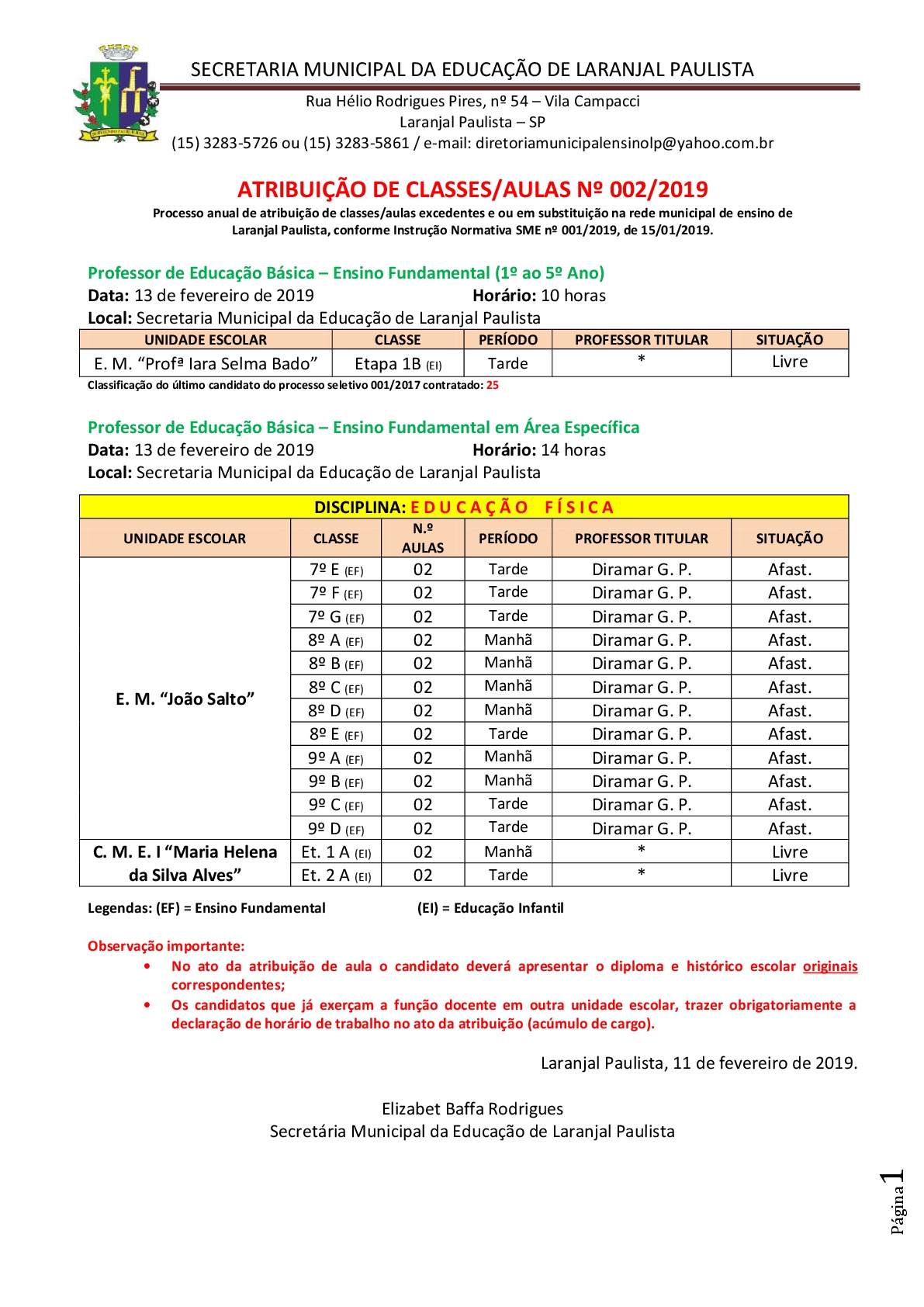 Atribuição de classes e ou aulas excedentes 002-2019