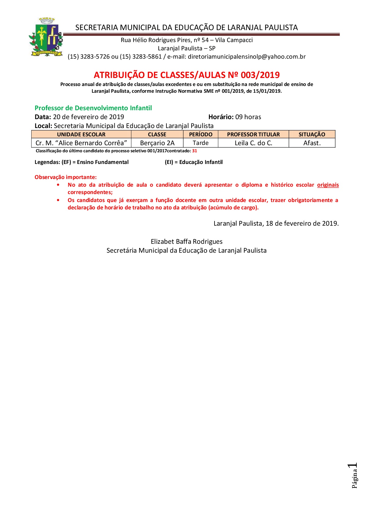 Atribuição de classes e ou aulas excedentes nº 003-2019