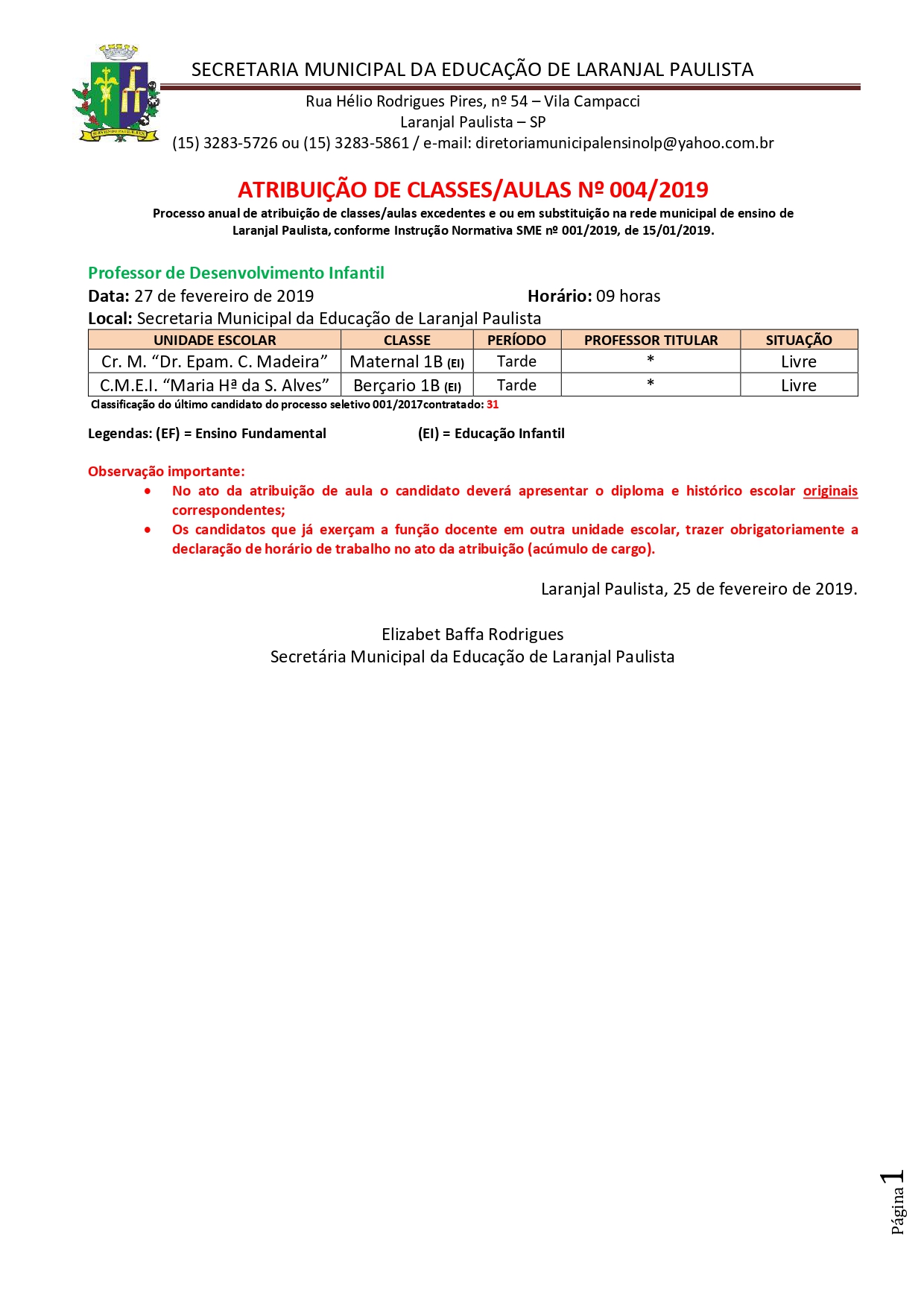 Atribuição de classes e ou aulas excedentes nº 003-2019