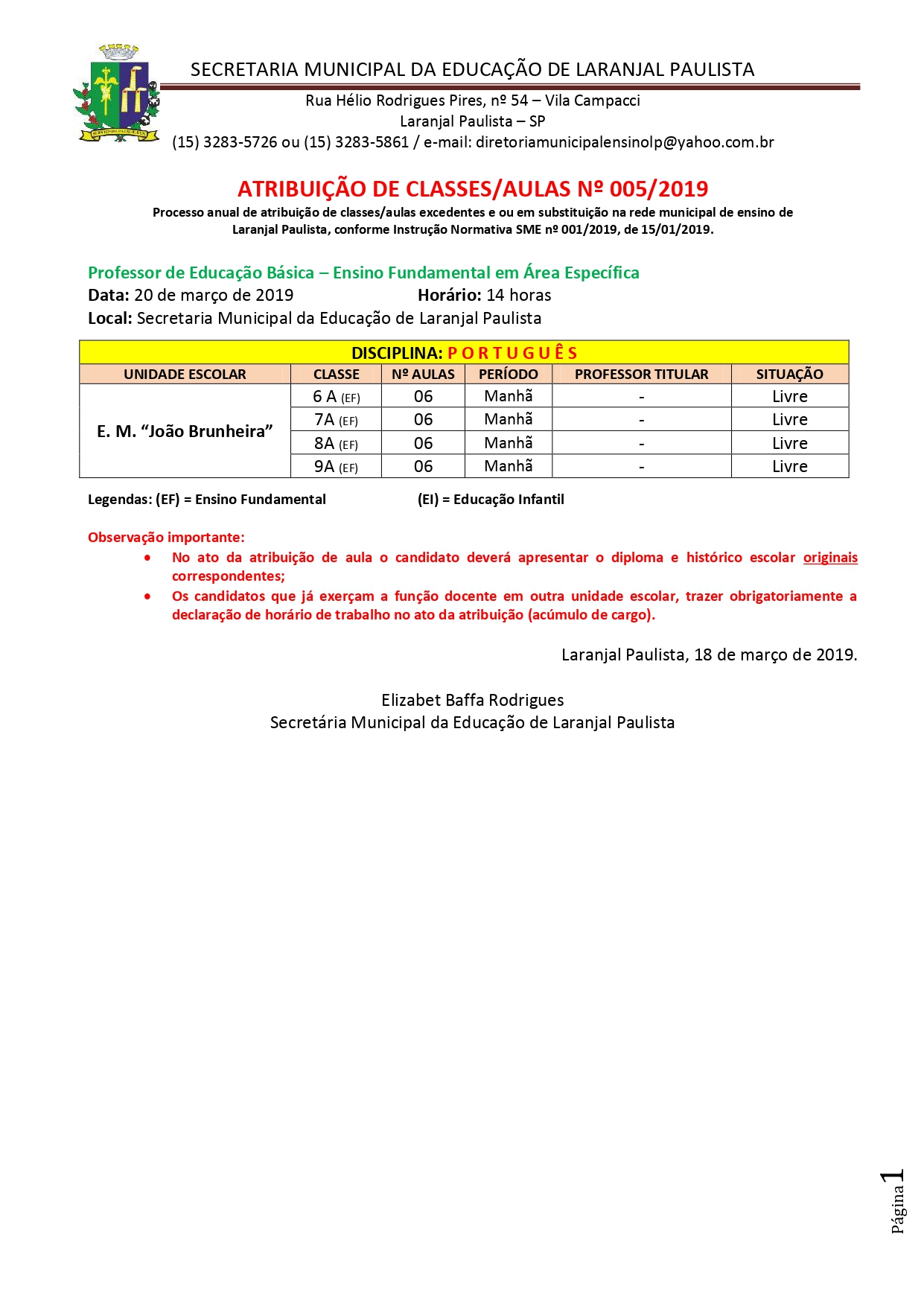 Atribuição de classes e ou aulas excedentes nº 005-2019