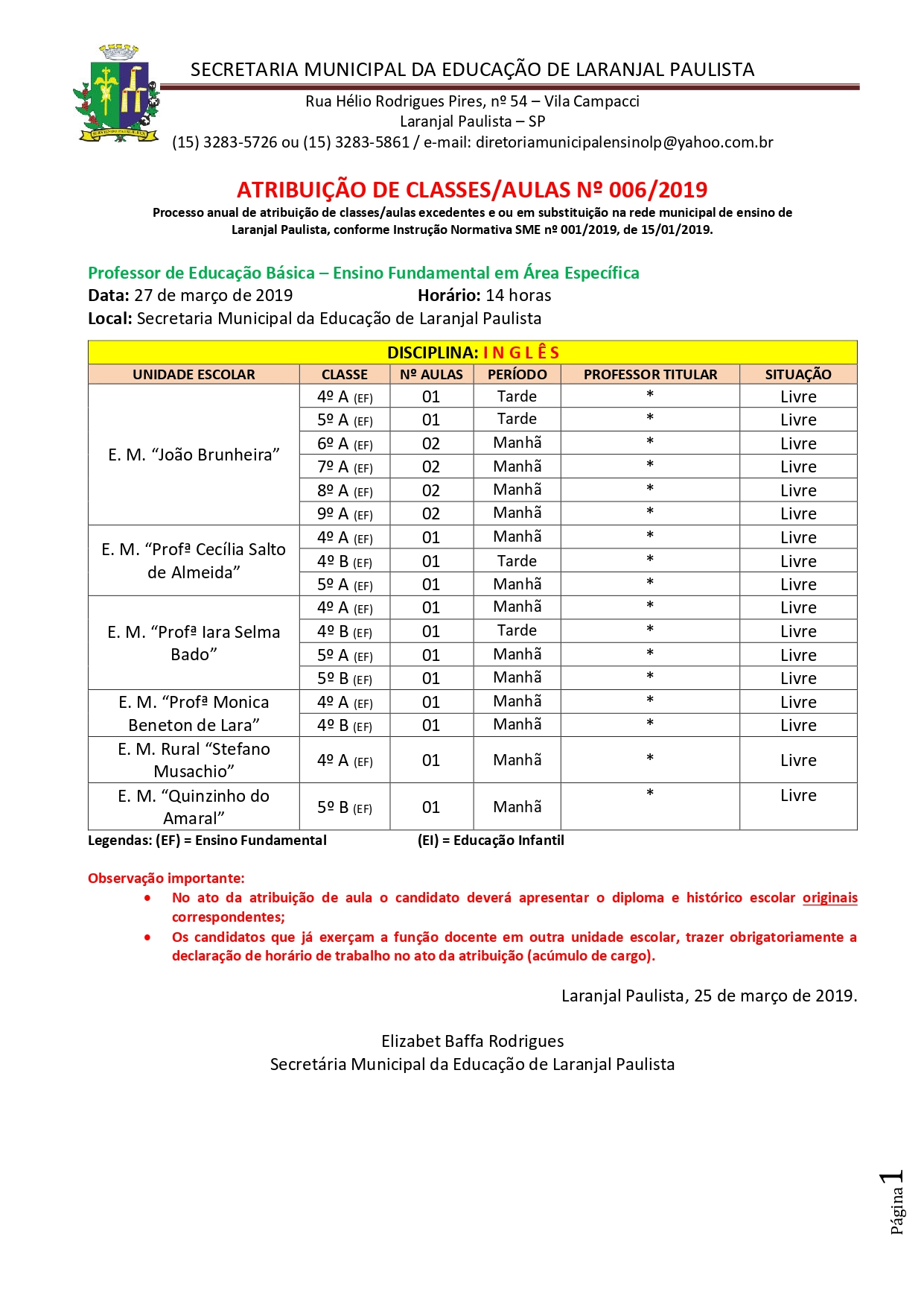 Atribuição de classes e ou aulas excedentes nº 006-2019