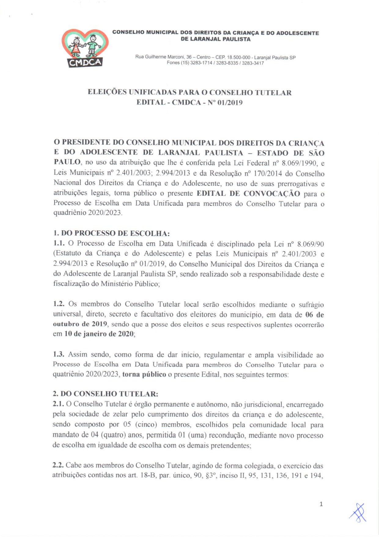 Eleições Unificadas para o Conselho Tutelar - Edital - CMDCA - nº 01/2019