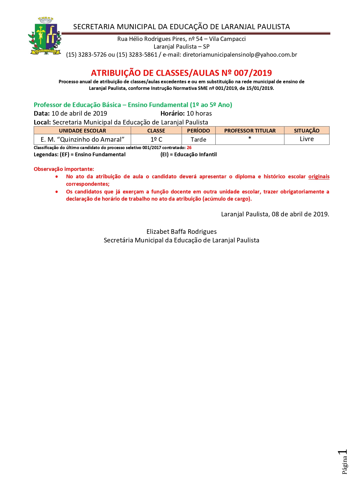 Atribuição de classes e ou aulas excedentes nº 007-2019