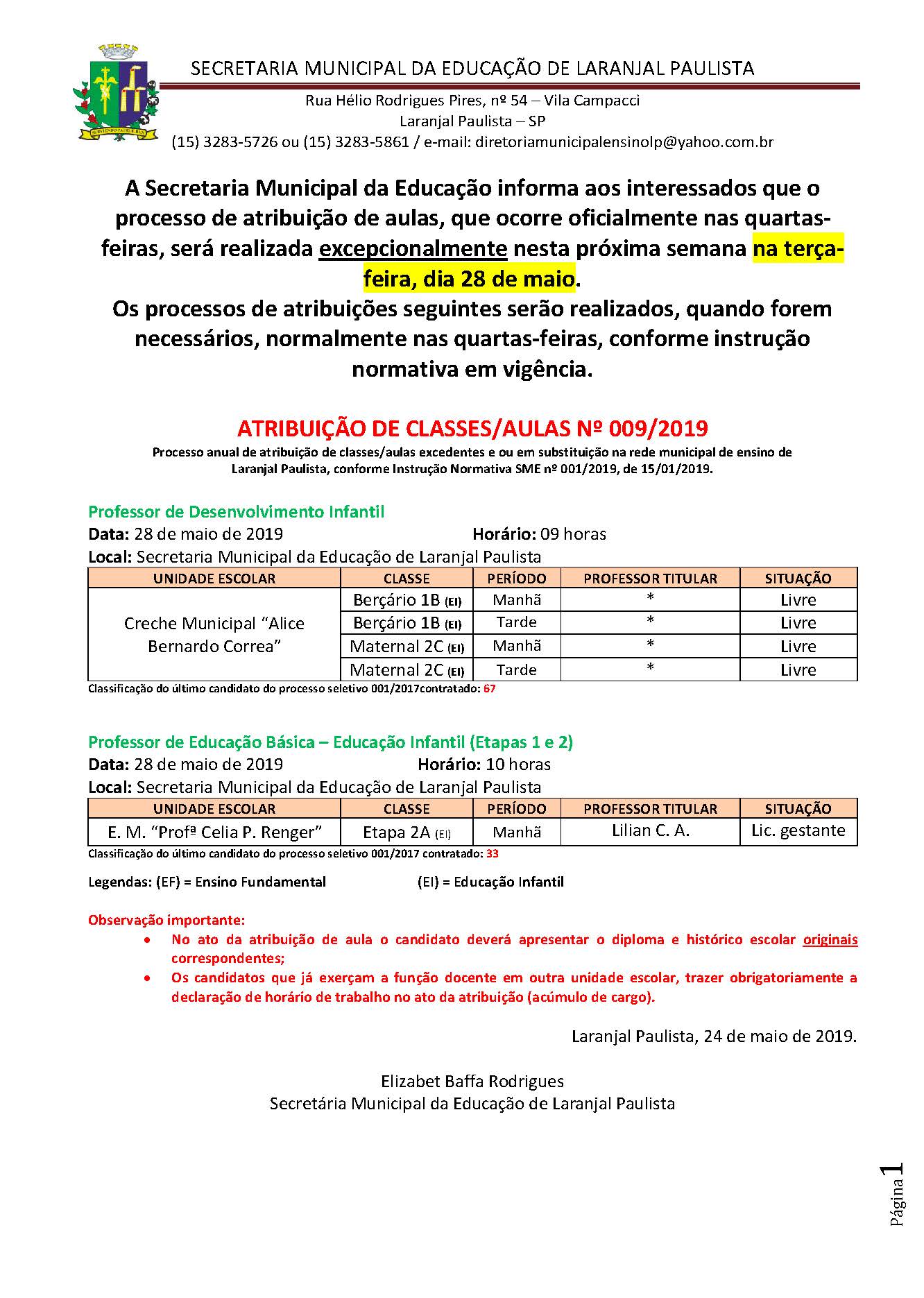 Atribuição de classes e ou aulas excedentes nº 009-2019