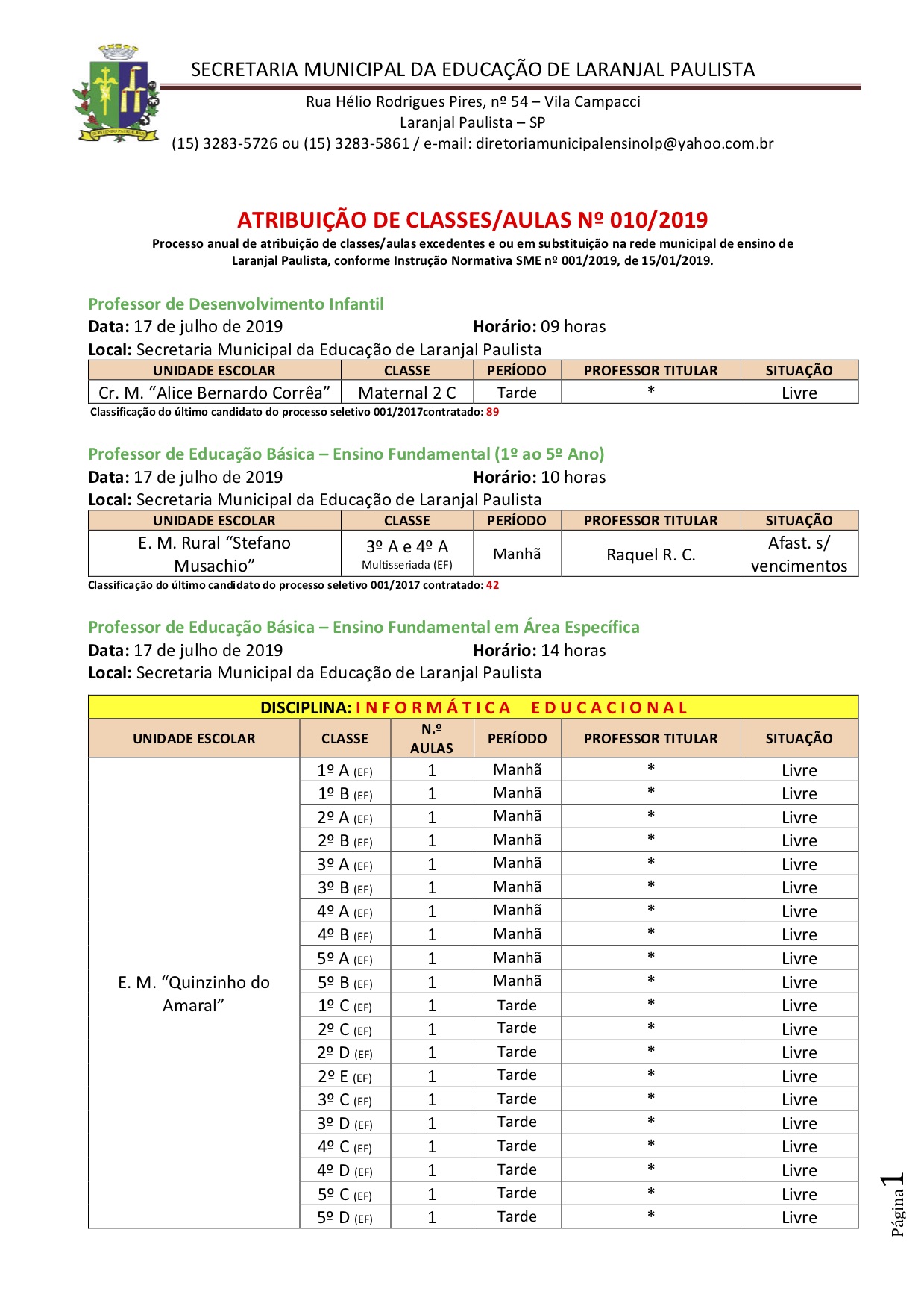 Atribuição de classes e ou aulas excedentes nº 010-2019