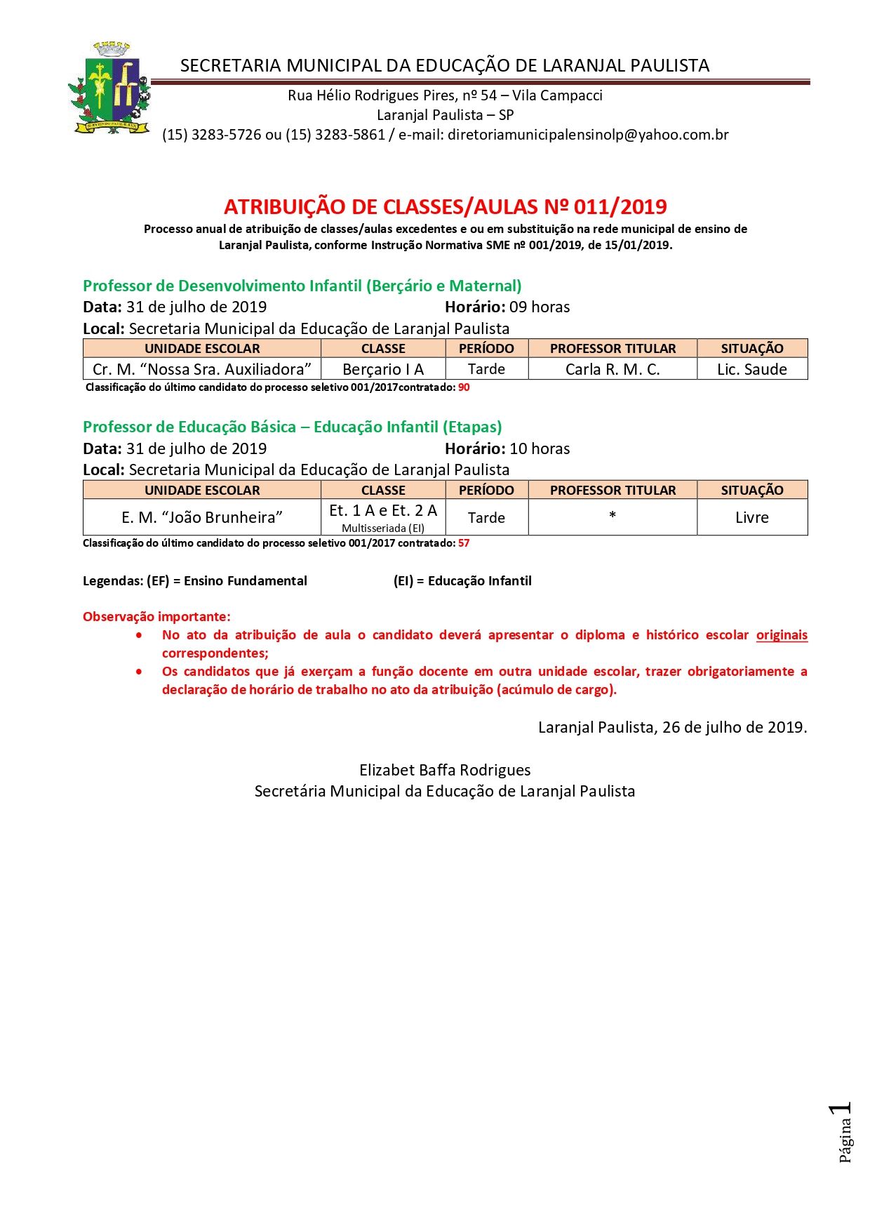 Atribuição de classes e ou aulas excedentes nº 011-2019