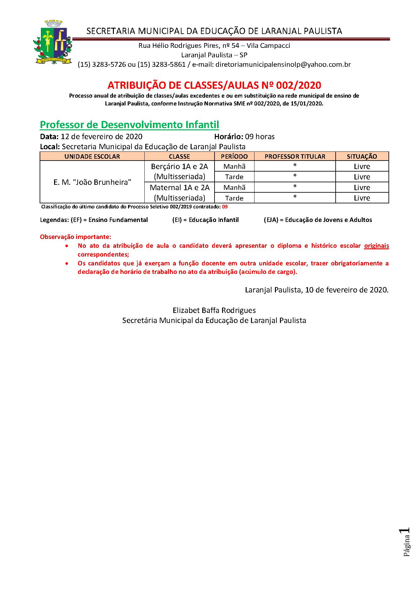 Atribuição de classes e ou aulas excedentes nº 002-2020