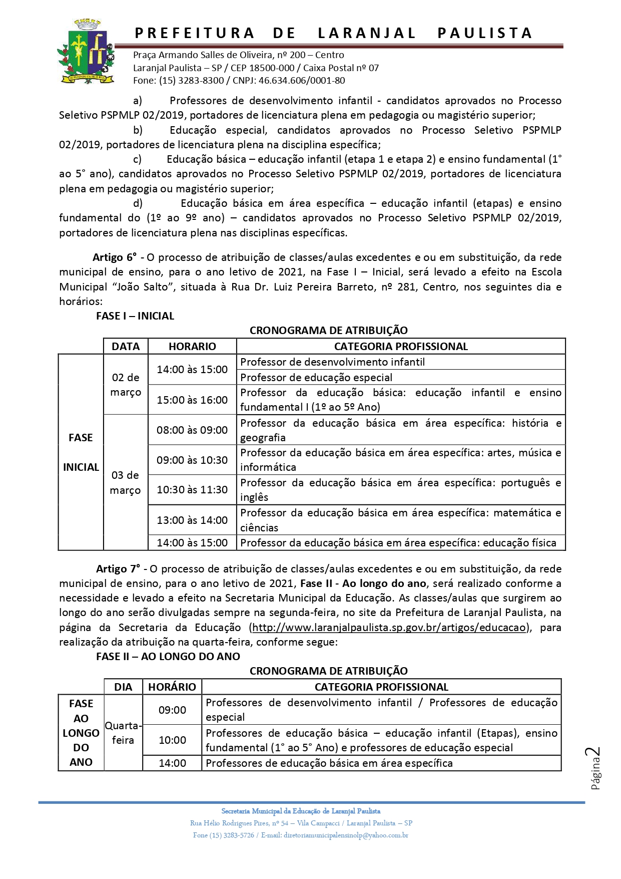 Atribuição de classes e ou aulas excedentes nº 002-2021